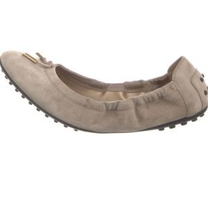 Tod’s Suede Ballet Flats, Beige Taupe with Gold Accents, Size 9